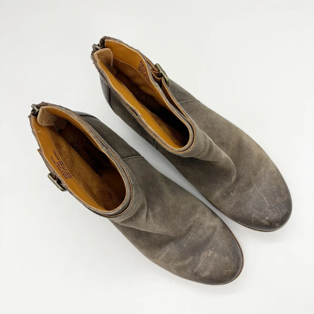 Kork-Ease Maddelena Distressed Suede Ankle Boots Size 8.5 Gray Buckle Block Heel